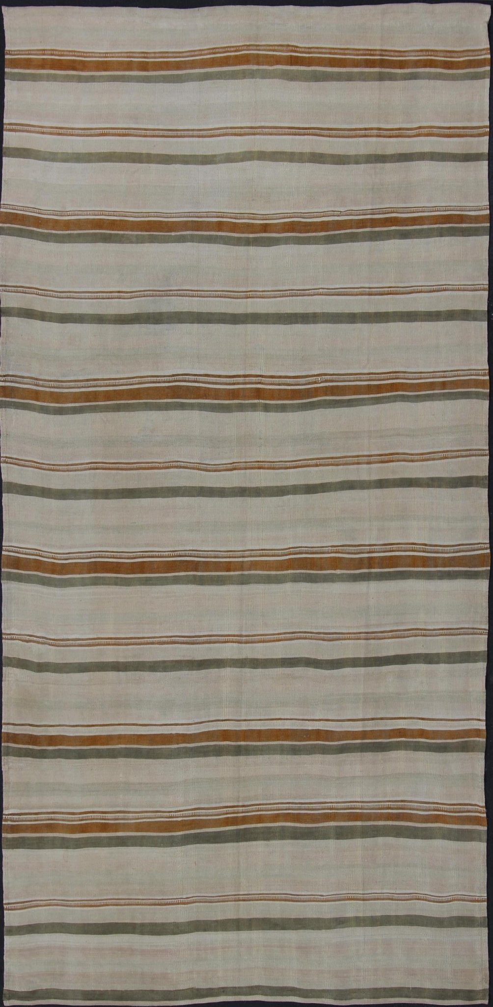 Large Kilim Vintage Rug With Green - Gray and Cognac Color in Stripe Design Vintage Turkish flat - woven Kilim with Minimalist stripe design, Keivan Woven Arts / rug en - 141237, country of origin / type: Turkey / Kilim, circa 1950. This kilim ... - Keivan Woven ArtsEN - 141237 - 11379Rug