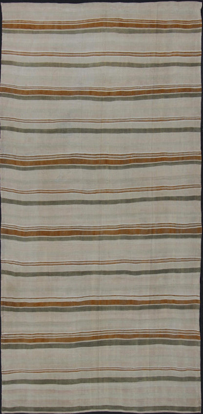 Large Kilim Vintage Rug With Green - Gray and Cognac Color in Stripe Design Vintage Turkish flat - woven Kilim with Minimalist stripe design, Keivan Woven Arts / rug en - 141237, country of origin / type: Turkey / Kilim, circa 1950. This kilim ... - Keivan Woven ArtsEN - 141237 - 11379Rug