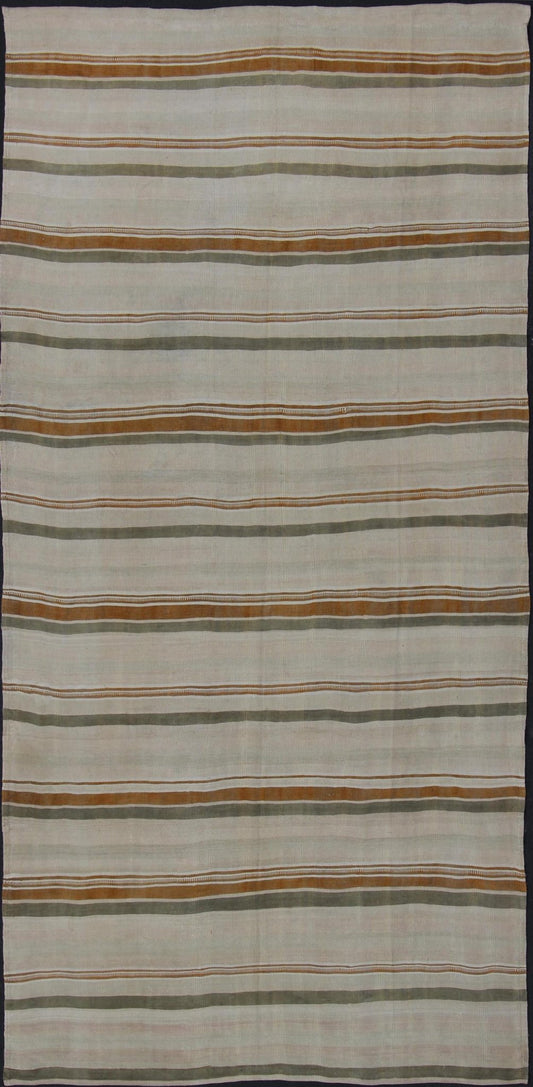 Large Kilim Vintage Rug With Green - Gray and Cognac Color in Stripe Design Vintage Turkish flat - woven Kilim with Minimalist stripe design, Keivan Woven Arts / rug en - 141237, country of origin / type: Turkey / Kilim, circa 1950. This kilim ... - Keivan Woven ArtsEN - 141237 - 11379Rug
