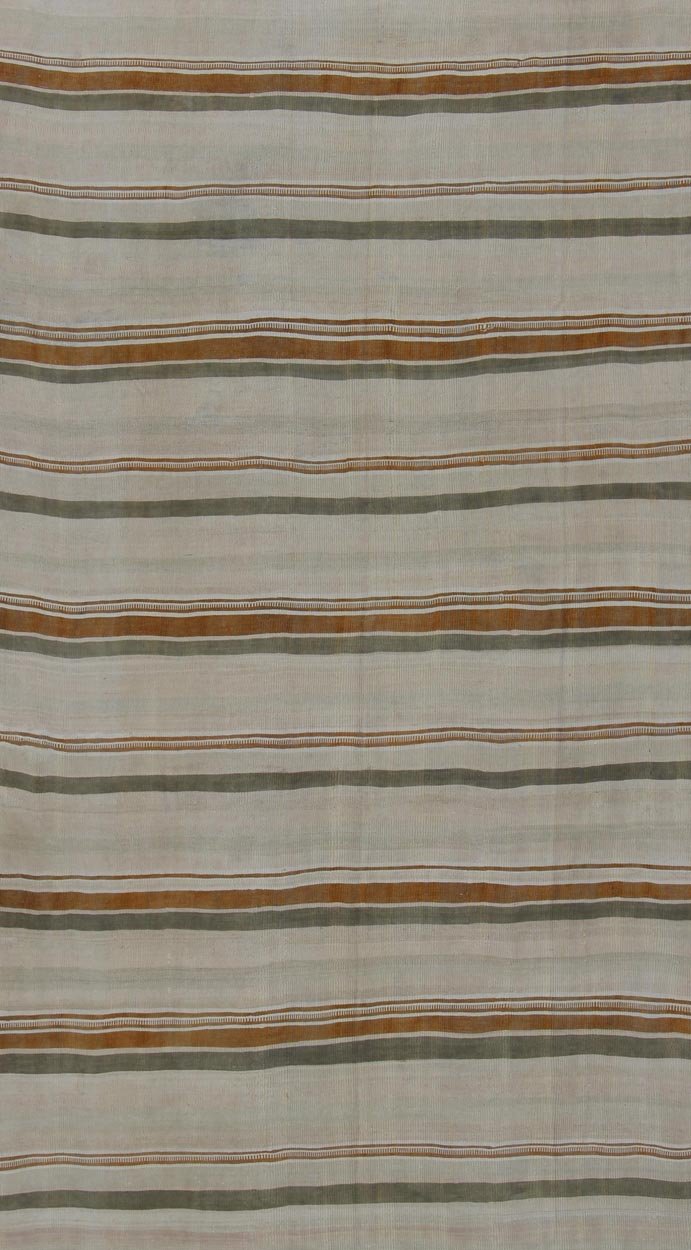 Large Kilim Vintage Rug With Green - Gray and Cognac Color in Stripe Design Vintage Turkish flat - woven Kilim with Minimalist stripe design, Keivan Woven Arts / rug en - 141237, country of origin / type: Turkey / Kilim, circa 1950. This kilim ... - Keivan Woven ArtsEN - 141237 - 11379Rug