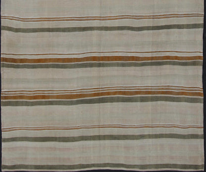 Large Kilim Vintage Rug With Green - Gray and Cognac Color in Stripe Design Vintage Turkish flat - woven Kilim with Minimalist stripe design, Keivan Woven Arts / rug en - 141237, country of origin / type: Turkey / Kilim, circa 1950. This kilim ... - Keivan Woven ArtsEN - 141237 - 11379Rug