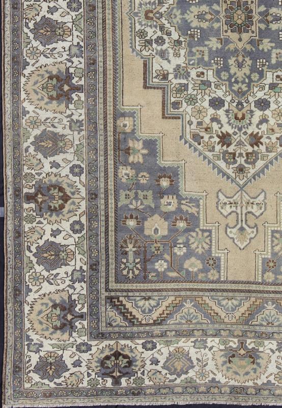 Vintage Turkish Oushak Rug with Floral Medallion in Gray, Ivory and Mint Green Measures: 8'0'' x 12'8''. This antique Turkish Oushak carpet (circa mid - 20th century) features a central medallion design, as well as patterns of smaller floral el... - Keivan Woven ArtsEN - 141258 - 7191Rug