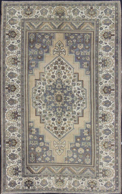 Vintage Turkish Oushak Rug with Floral Medallion in Gray, Ivory and Mint Green Measures: 8'0'' x 12'8''. This antique Turkish Oushak carpet (circa mid - 20th century) features a central medallion design, as well as patterns of smaller floral el... - Keivan Woven ArtsEN - 141258 - 7191Rug