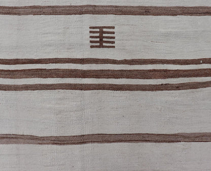 Measures: 4'1 x 12'7 Vintage Gallery Turkish Natural Kilim with Stripes in Ivory, Taupe and Brown. Keivan Woven Arts / rug EN - 14133, country of origin / type: Turkey / Kilim, circa Mid - 20th Century. This flat - woven Kilim gallery runner f... - Keivan Woven ArtsEN - 14133 - 21799Rug