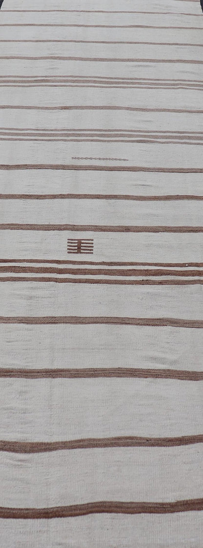 Measures: 4'1 x 12'7 Vintage Gallery Turkish Natural Kilim with Stripes in Ivory, Taupe and Brown. Keivan Woven Arts / rug EN - 14133, country of origin / type: Turkey / Kilim, circa Mid - 20th Century. This flat - woven Kilim gallery runner f... - Keivan Woven ArtsEN - 14133 - 21799Rug