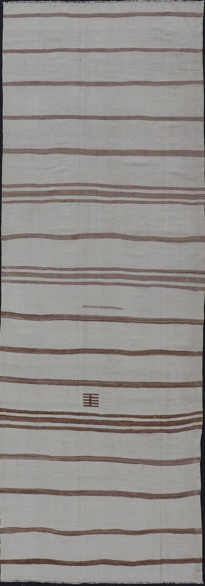 Measures: 4'1 x 12'7 Vintage Gallery Turkish Natural Kilim with Stripes in Ivory, Taupe and Brown. Keivan Woven Arts / rug EN - 14133, country of origin / type: Turkey / Kilim, circa Mid - 20th Century. This flat - woven Kilim gallery runner f... - Keivan Woven ArtsEN - 14133 - 21799Rug