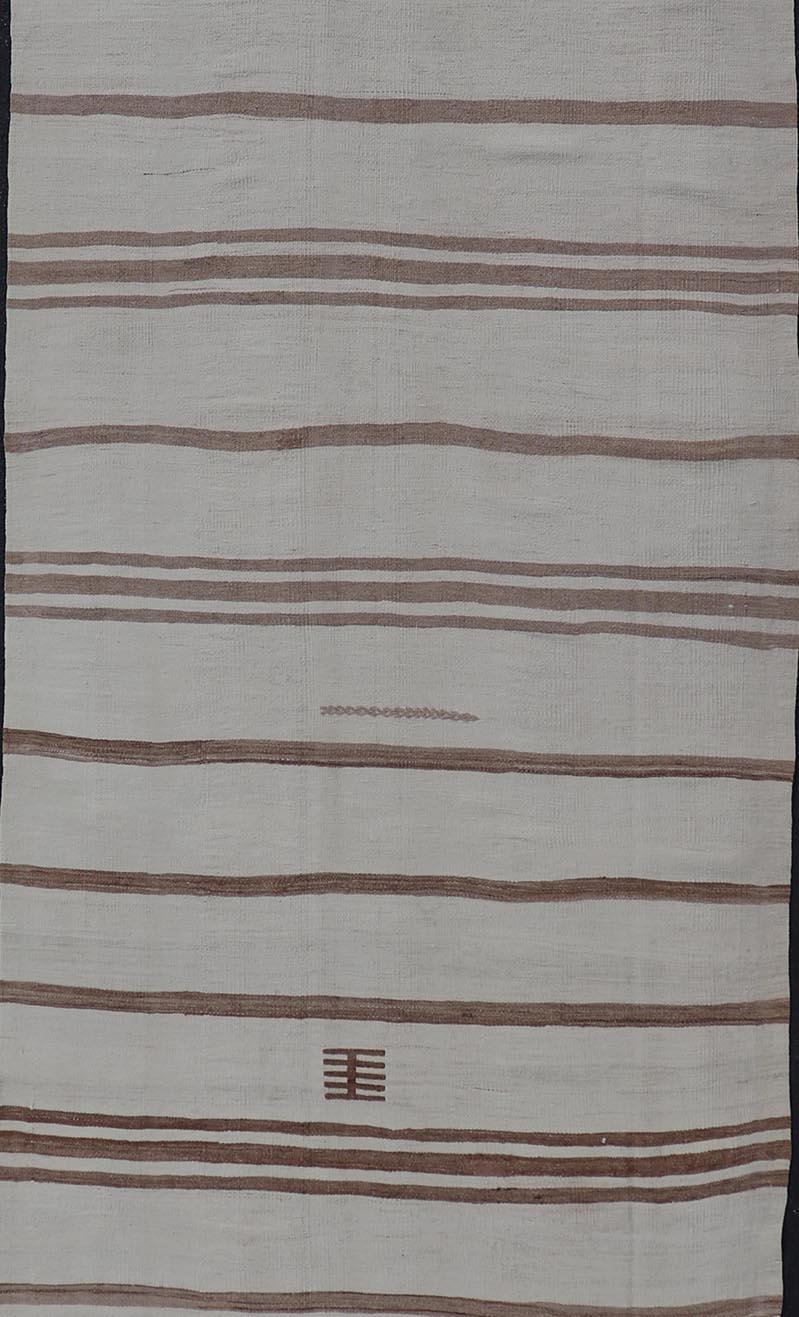 Measures: 4'1 x 12'7 Vintage Gallery Turkish Natural Kilim with Stripes in Ivory, Taupe and Brown. Keivan Woven Arts / rug EN - 14133, country of origin / type: Turkey / Kilim, circa Mid - 20th Century. This flat - woven Kilim gallery runner f... - Keivan Woven ArtsEN - 14133 - 21799Rug