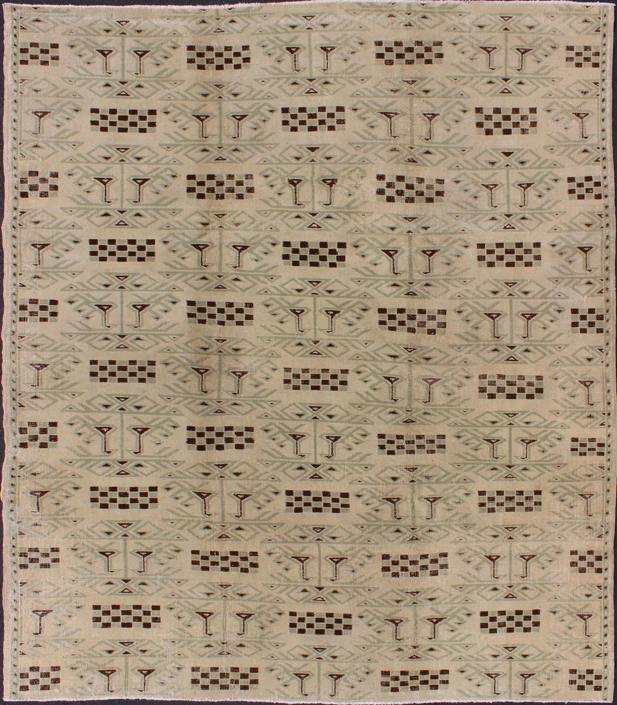 Turkish Mid - Century Modern Rug with Contemporary Design in Light Green and Brown This vintage midcentury Turkish rug features a contemporary design on a predominantly taupe background with Light green outlines and hints of chocolate brown. ... - Keivan Woven ArtsEN - 141403 - 6670Rug
