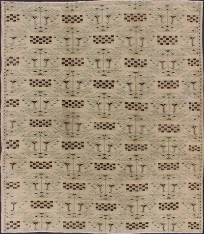 Turkish Mid - Century Modern Rug with Contemporary Design in Light Green and Brown This vintage midcentury Turkish rug features a contemporary design on a predominantly taupe background with Light green outlines and hints of chocolate brown. ... - Keivan Woven ArtsEN - 141403 - 6670Rug
