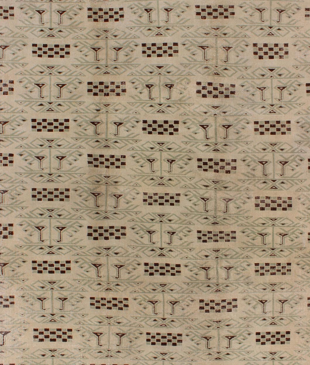 Turkish Mid - Century Modern Rug with Contemporary Design in Light Green and Brown This vintage midcentury Turkish rug features a contemporary design on a predominantly taupe background with Light green outlines and hints of chocolate brown. ... - Keivan Woven ArtsEN - 141403 - 6670Rug