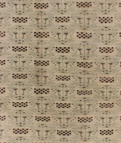 Turkish Mid - Century Modern Rug with Contemporary Design in Light Green and Brown This vintage midcentury Turkish rug features a contemporary design on a predominantly taupe background with Light green outlines and hints of chocolate brown. ... - Keivan Woven ArtsEN - 141403 - 6670Rug