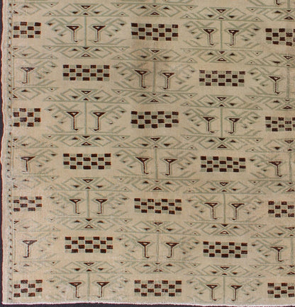 Turkish Mid - Century Modern Rug with Contemporary Design in Light Green and Brown This vintage midcentury Turkish rug features a contemporary design on a predominantly taupe background with Light green outlines and hints of chocolate brown. ... - Keivan Woven ArtsEN - 141403 - 6670Rug