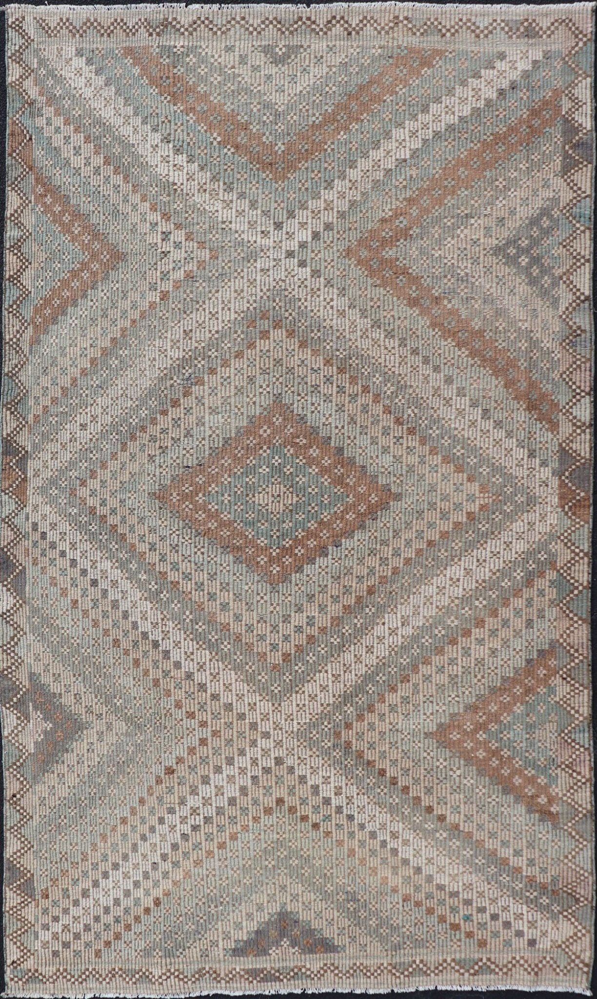 Measures: 5'10 x 9'10 Vintage Turkish Hand Woven Embroidered Kilim Rug with Diamond Design. Keivan Woven Arts; rug EN - 14142, country of origin / type: Turkey / Kilim, circa 1950. This flat - weave tribal Turkish embroidered kilim has been hand... - Keivan Woven ArtsEN - 14142 - 22728Rug