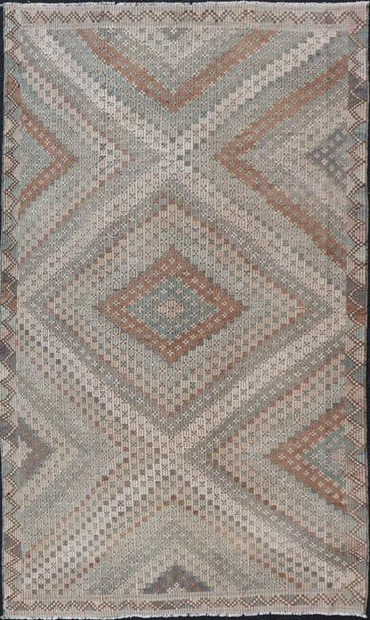 Measures: 5'10 x 9'10 Vintage Turkish Hand Woven Embroidered Kilim Rug with Diamond Design. Keivan Woven Arts; rug EN - 14142, country of origin / type: Turkey / Kilim, circa 1950. This flat - weave tribal Turkish embroidered kilim has been hand... - Keivan Woven ArtsEN - 14142 - 22728Rug