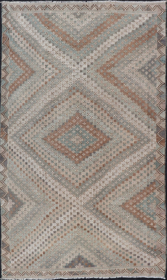 Measures: 5'10 x 9'10 Vintage Turkish Hand Woven Embroidered Kilim Rug with Diamond Design. Keivan Woven Arts; rug EN - 14142, country of origin / type: Turkey / Kilim, circa 1950. This flat - weave tribal Turkish embroidered kilim has been hand... - Keivan Woven ArtsEN - 14142 - 22728Rug