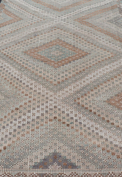 Measures: 5'10 x 9'10 Vintage Turkish Hand Woven Embroidered Kilim Rug with Diamond Design. Keivan Woven Arts; rug EN - 14142, country of origin / type: Turkey / Kilim, circa 1950. This flat - weave tribal Turkish embroidered kilim has been hand... - Keivan Woven ArtsEN - 14142 - 22728Rug