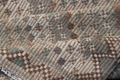 Measures: 5'10 x 9'10 Vintage Turkish Hand Woven Embroidered Kilim Rug with Diamond Design. Keivan Woven Arts; rug EN - 14142, country of origin / type: Turkey / Kilim, circa 1950. This flat - weave tribal Turkish embroidered kilim has been hand... - Keivan Woven ArtsEN - 14142 - 22728Rug
