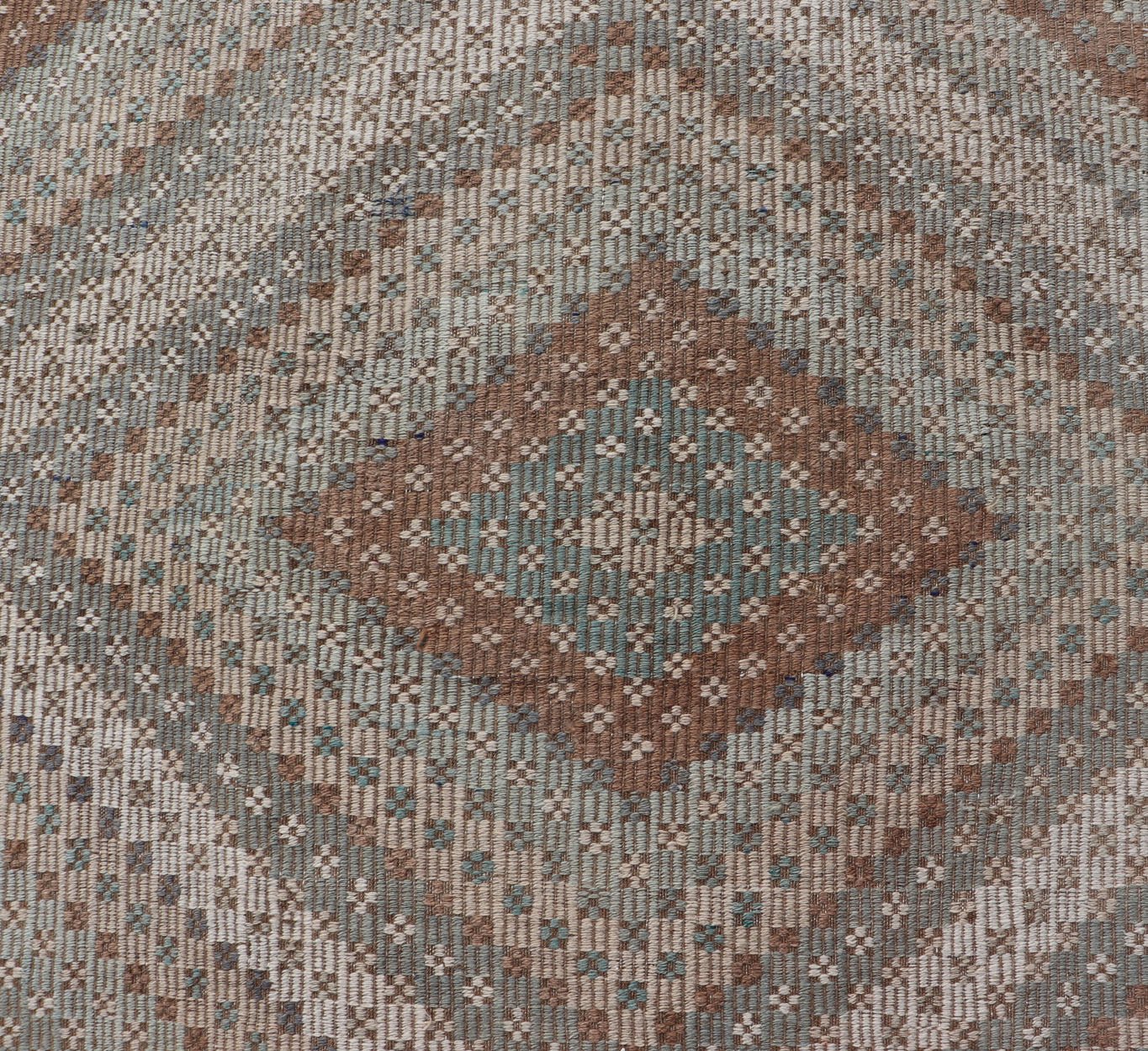 Measures: 5'10 x 9'10 Vintage Turkish Hand Woven Embroidered Kilim Rug with Diamond Design. Keivan Woven Arts; rug EN - 14142, country of origin / type: Turkey / Kilim, circa 1950. This flat - weave tribal Turkish embroidered kilim has been hand... - Keivan Woven ArtsEN - 14142 - 22728Rug