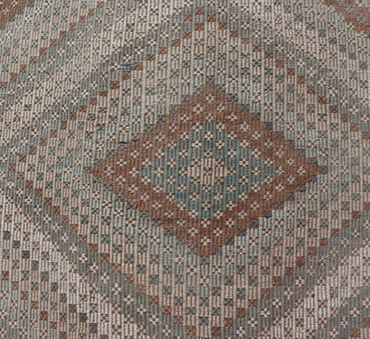 Measures: 5'10 x 9'10 Vintage Turkish Hand Woven Embroidered Kilim Rug with Diamond Design. Keivan Woven Arts; rug EN - 14142, country of origin / type: Turkey / Kilim, circa 1950. This flat - weave tribal Turkish embroidered kilim has been hand... - Keivan Woven ArtsEN - 14142 - 22728Rug