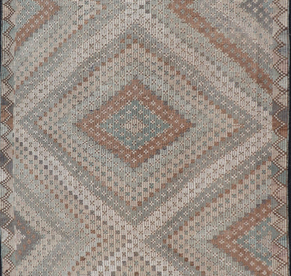 Measures: 5'10 x 9'10 Vintage Turkish Hand Woven Embroidered Kilim Rug with Diamond Design. Keivan Woven Arts; rug EN - 14142, country of origin / type: Turkey / Kilim, circa 1950. This flat - weave tribal Turkish embroidered kilim has been hand... - Keivan Woven ArtsEN - 14142 - 22728Rug