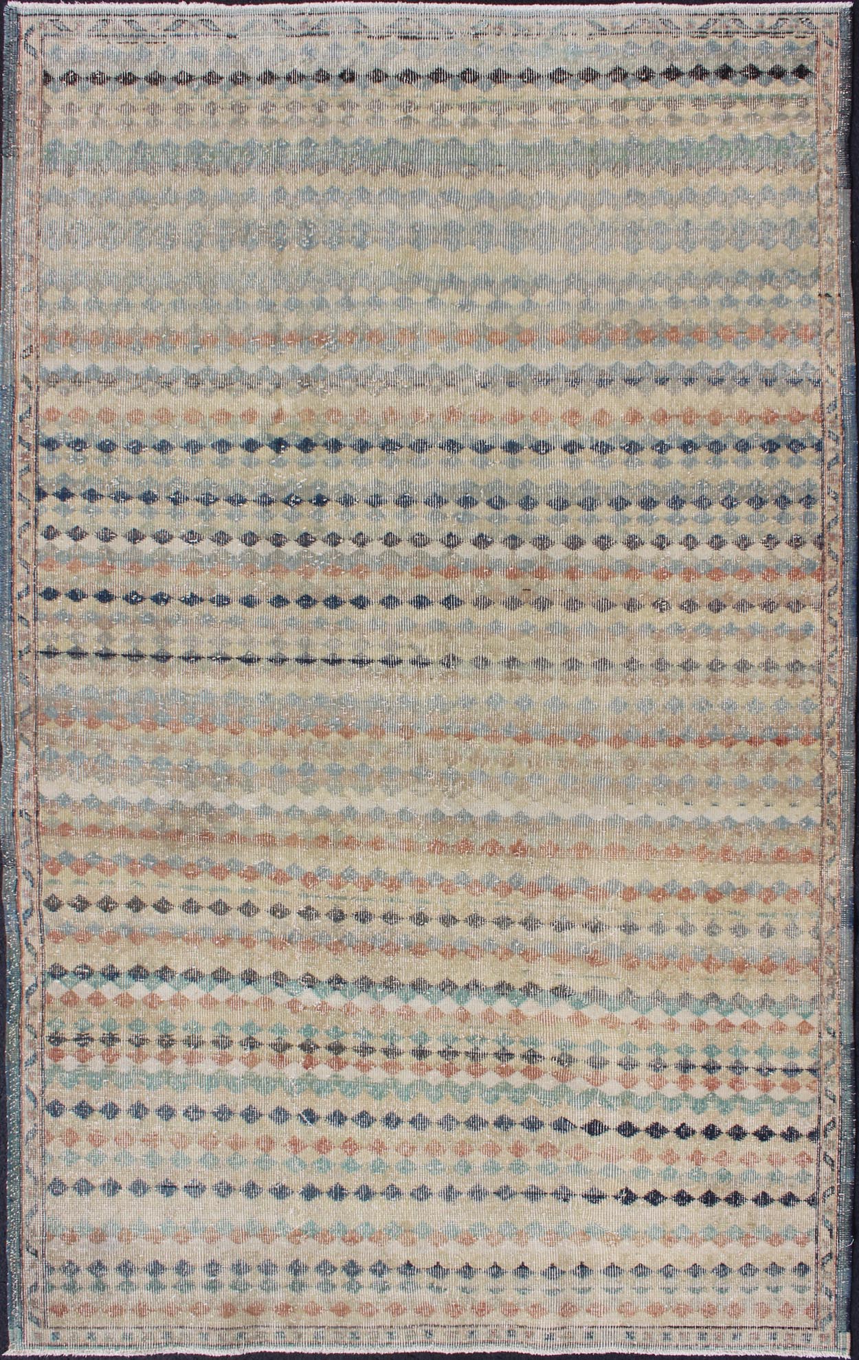 Vintage Turkish Mid - Century Modern Rug With Diamond Stripe Design. Mid century Modern Turkish vintage rug with taupe background and colorful stripe design, rug en - 141420, country of origin / type: Turkey / Oushak, circa 1950. This modern - design ... - Keivan Woven ArtsEN - 141420 - 6686Rug