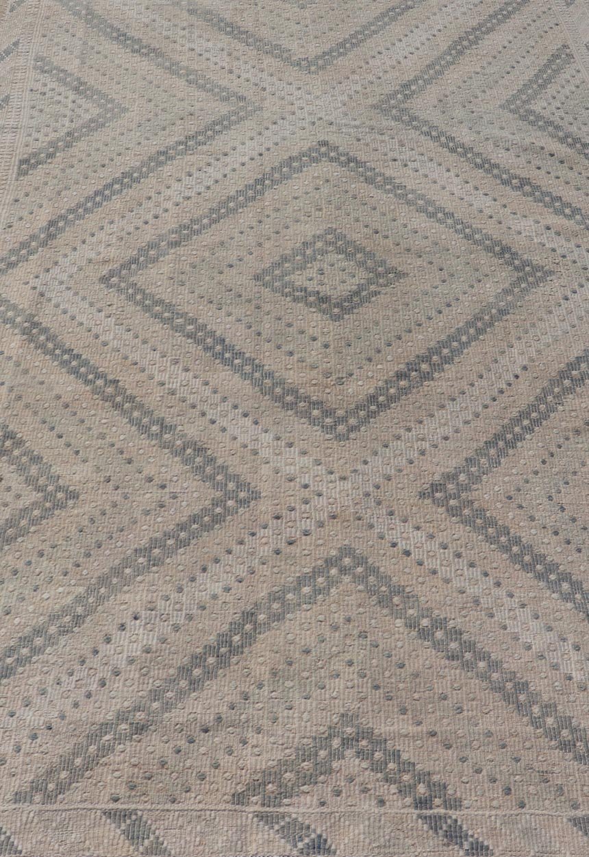 Measures: 6'3 x 10'4 Vintage Hand Woven Turkish Embroidered Rug with Geometric Diamond Design. Keivan Woven Arts / rug EN - 14143, country of origin / type: Turkey / Kilim, circa 1950. Featuring a beautiful geometric design rendered in various... - Keivan Woven ArtsEN - 14143 - 21805Rug