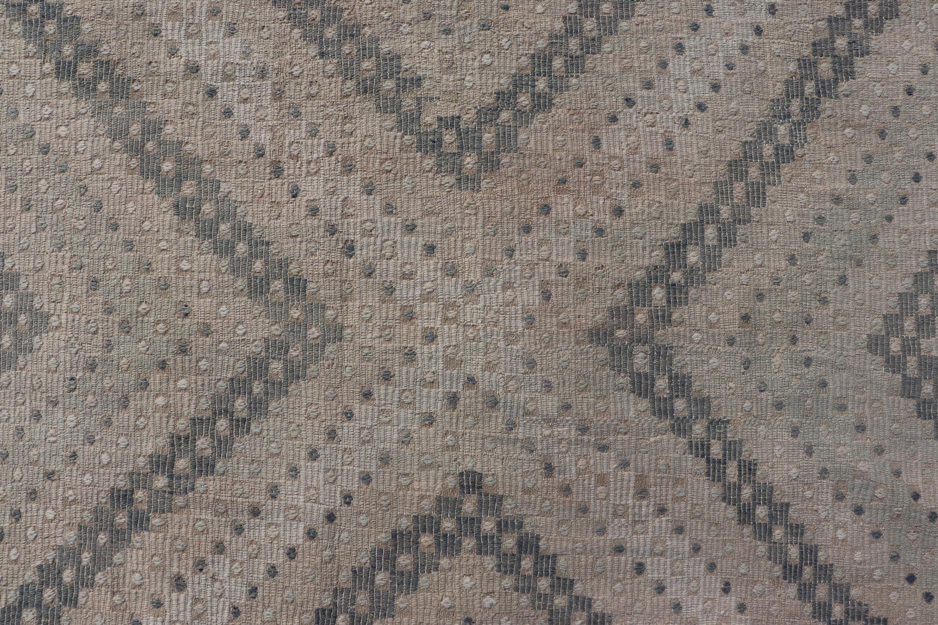 Measures: 6'3 x 10'4 Vintage Hand Woven Turkish Embroidered Rug with Geometric Diamond Design. Keivan Woven Arts / rug EN - 14143, country of origin / type: Turkey / Kilim, circa 1950. Featuring a beautiful geometric design rendered in various... - Keivan Woven ArtsEN - 14143 - 21805Rug