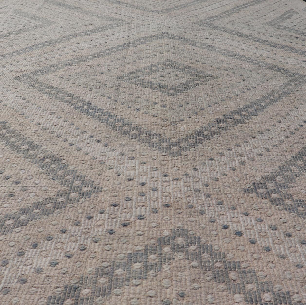 Measures: 6'3 x 10'4 Vintage Hand Woven Turkish Embroidered Rug with Geometric Diamond Design. Keivan Woven Arts / rug EN - 14143, country of origin / type: Turkey / Kilim, circa 1950. Featuring a beautiful geometric design rendered in various... - Keivan Woven ArtsEN - 14143 - 21805Rug