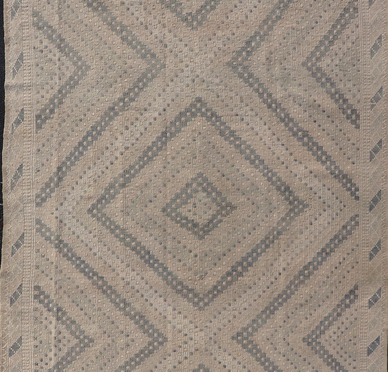 Measures: 6'3 x 10'4 Vintage Hand Woven Turkish Embroidered Rug with Geometric Diamond Design. Keivan Woven Arts / rug EN - 14143, country of origin / type: Turkey / Kilim, circa 1950. Featuring a beautiful geometric design rendered in various... - Keivan Woven ArtsEN - 14143 - 21805Rug