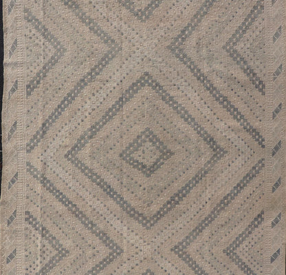 Measures: 6'3 x 10'4 Vintage Hand Woven Turkish Embroidered Rug with Geometric Diamond Design. Keivan Woven Arts / rug EN - 14143, country of origin / type: Turkey / Kilim, circa 1950. Featuring a beautiful geometric design rendered in various... - Keivan Woven ArtsEN - 14143 - 21805Rug