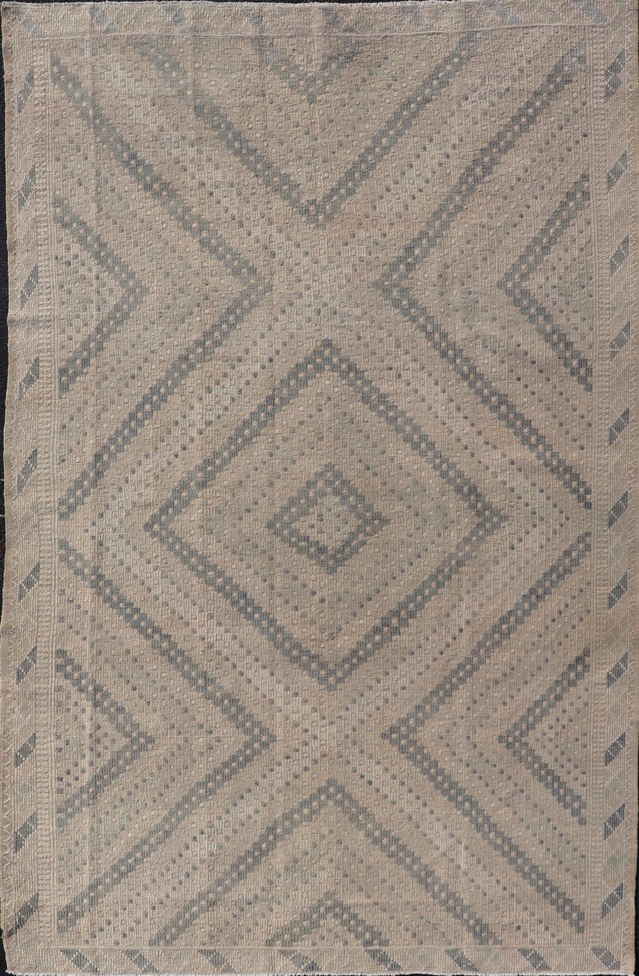 Measures: 6'3 x 10'4 Vintage Hand Woven Turkish Embroidered Rug with Geometric Diamond Design. Keivan Woven Arts / rug EN - 14143, country of origin / type: Turkey / Kilim, circa 1950. Featuring a beautiful geometric design rendered in various... - Keivan Woven ArtsEN - 14143 - 21805Rug