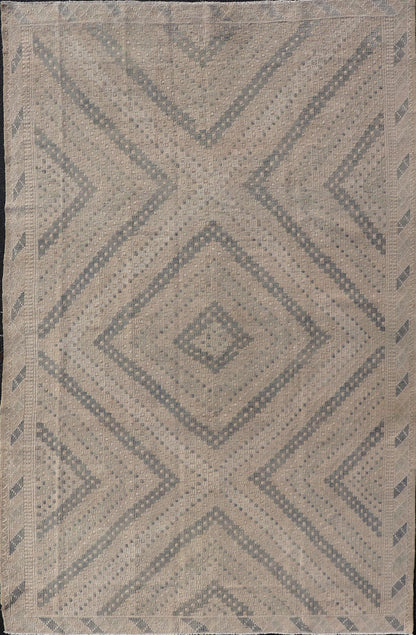 Measures: 6'3 x 10'4 Vintage Hand Woven Turkish Embroidered Rug with Geometric Diamond Design. Keivan Woven Arts / rug EN - 14143, country of origin / type: Turkey / Kilim, circa 1950. Featuring a beautiful geometric design rendered in various... - Keivan Woven ArtsEN - 14143 - 21805Rug