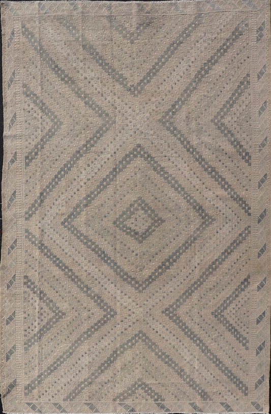 Measures: 6'3 x 10'4 Vintage Hand Woven Turkish Embroidered Rug with Geometric Diamond Design. Keivan Woven Arts / rug EN - 14143, country of origin / type: Turkey / Kilim, circa 1950. Featuring a beautiful geometric design rendered in various... - Keivan Woven ArtsEN - 14143 - 21805Rug