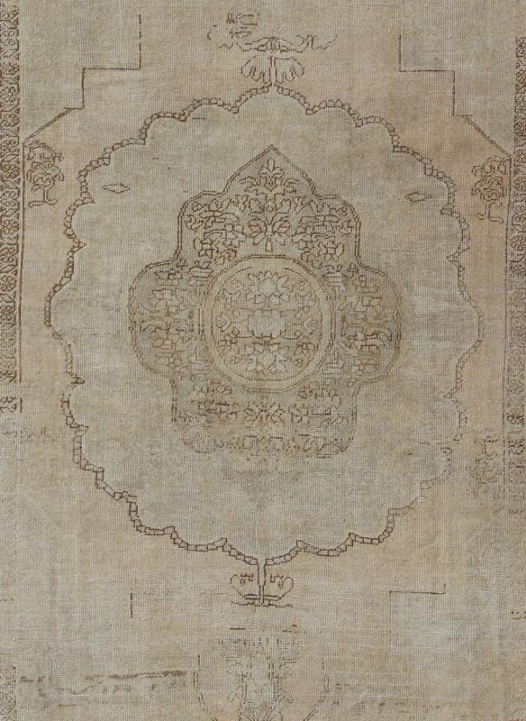 Antique Oushak Carpet in Taupe, Brown, Light Celadon Green and Neutral Colors Measures: 8'0'' x 12'1''. This antique Oushak wool rug features an over - sized medallion with detailed vines and flowers. A framework of floral motifs and styliz... - Keivan Woven ArtsEN - 141449 - 7203Rug