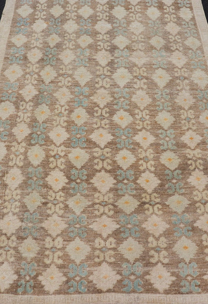 Vintage Turkish Tulu Rug with a Modern Design with All - Over Tribal Design This modern - design vintage Turkish Tulu rug features an all - over Design with a black zig zag line connecting the flowers. Set on light brown background, the flower colors ... - Keivan Woven ArtsEN - 141454 - 14650Rug
