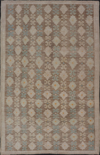 Vintage Turkish Tulu Rug with a Modern Design with All - Over Tribal Design This modern - design vintage Turkish Tulu rug features an all - over Design with a black zig zag line connecting the flowers. Set on light brown background, the flower colors ... - Keivan Woven ArtsEN - 141454 - 14650Rug