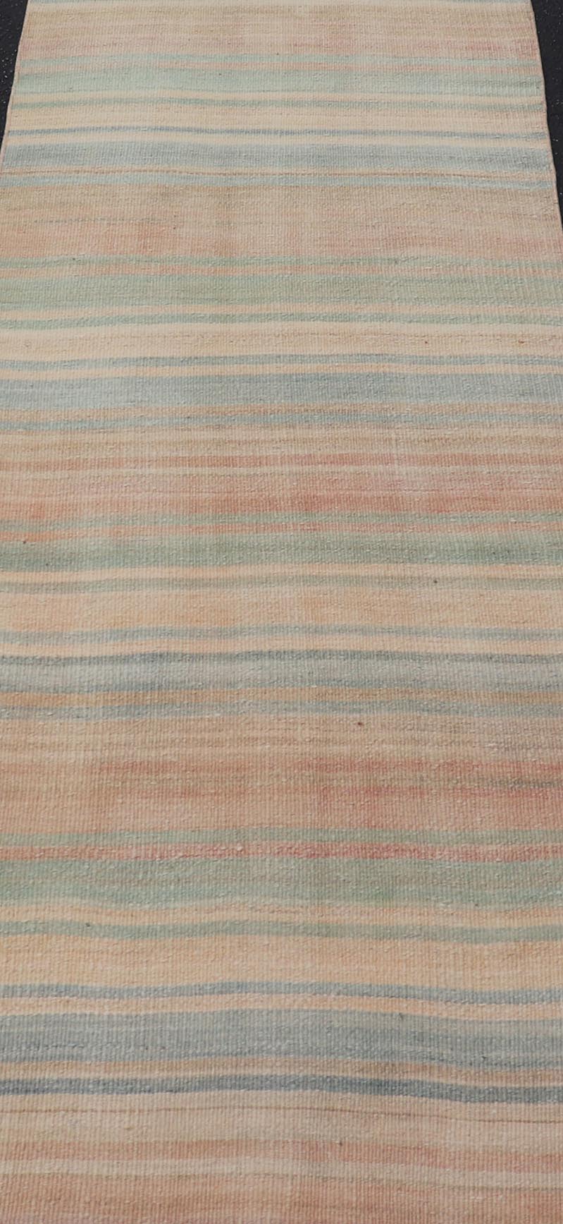 Vintage Turkish Kilim Runner with Pastel Rainbow Stripes - Keivan Woven ArtsEN - 14160Rug