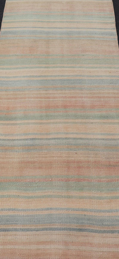 Vintage Turkish Kilim Runner with Pastel Rainbow Stripes - Keivan Woven ArtsEN - 14160Rug