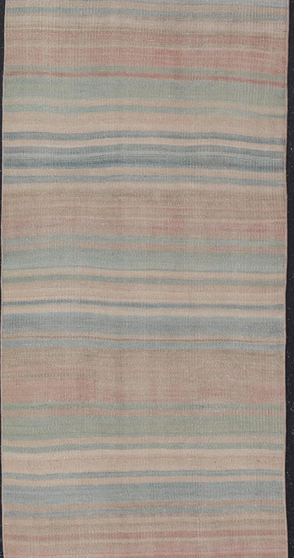 Vintage Turkish Kilim Runner with Pastel Rainbow Stripes - Keivan Woven ArtsEN - 14160Rug