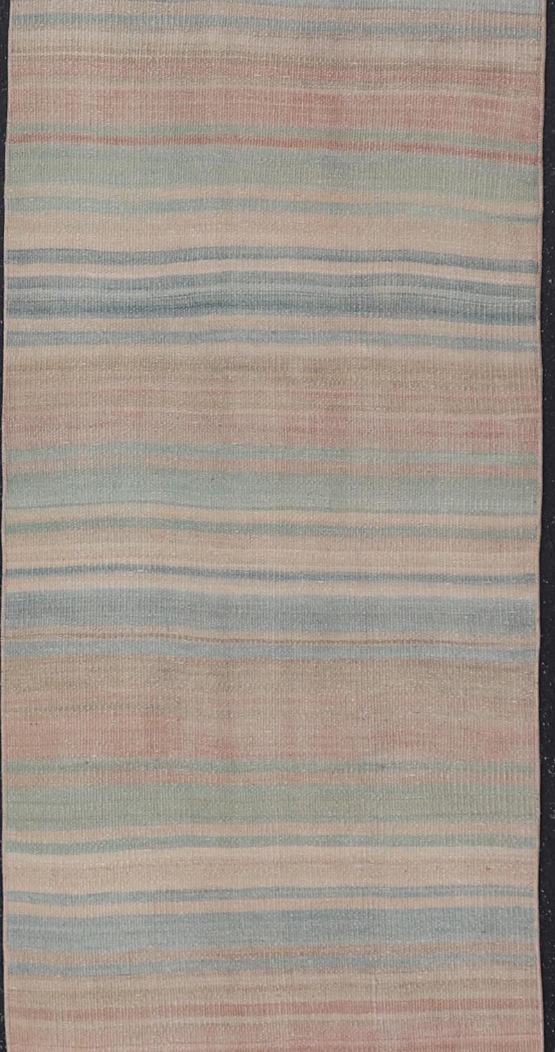 Vintage Turkish Kilim Runner with Pastel Rainbow Stripes - Keivan Woven ArtsEN - 14160Rug
