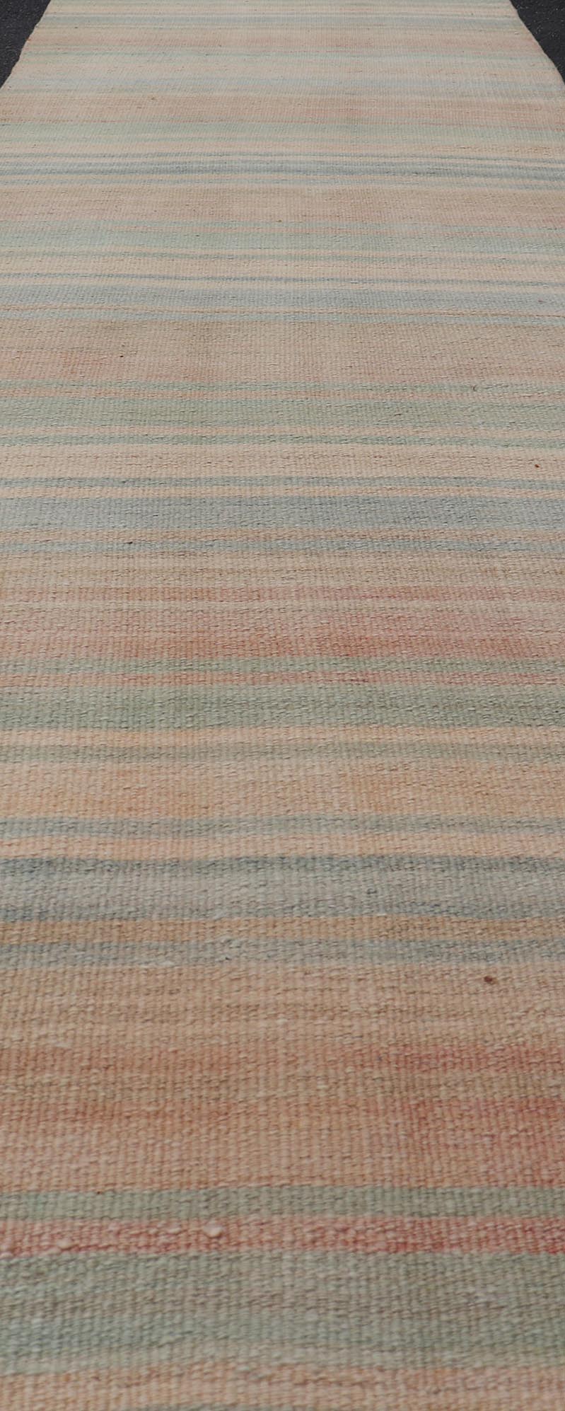 Vintage Turkish Kilim Runner with Pastel Rainbow Stripes - Keivan Woven ArtsEN - 14160Rug