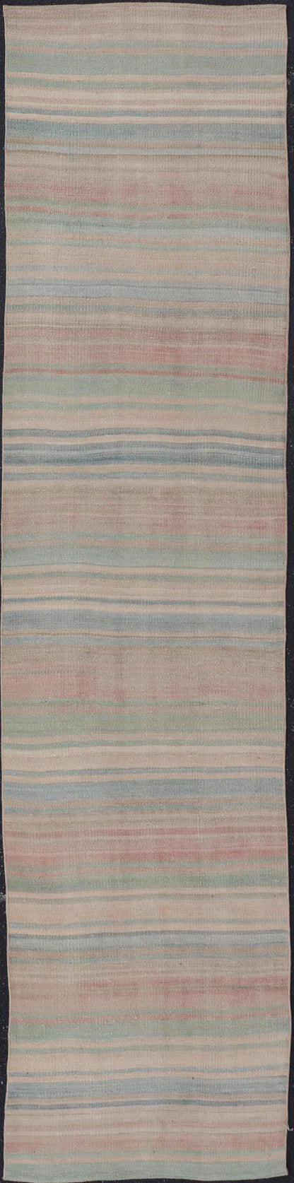 Vintage Turkish Kilim Runner with Pastel Rainbow Stripes - Keivan Woven ArtsEN - 14160Rug