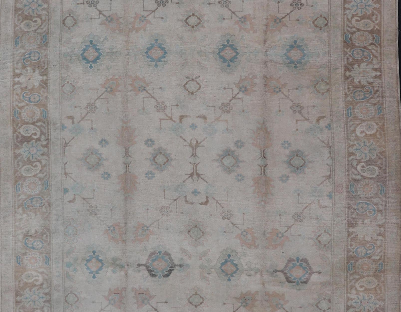 Vintage Turkish Floral Oushak Rug in Pale Gray, Brown and Blue. Country of Origin: Turkey; Type: Oushak; Design: Floral, Oushak Floral; Keivan Woven Arts: rug EN - 141684 Measures: 6'7 x 10'10 This vintage Turkish Oushak showcases very c... - Keivan Woven ArtsEN - 141684 - 6721Rug