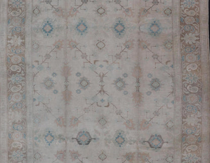 Vintage Turkish Floral Oushak Rug in Pale Gray, Brown and Blue. Country of Origin: Turkey; Type: Oushak; Design: Floral, Oushak Floral; Keivan Woven Arts: rug EN - 141684 Measures: 6'7 x 10'10 This vintage Turkish Oushak showcases very c... - Keivan Woven ArtsEN - 141684 - 6721Rug