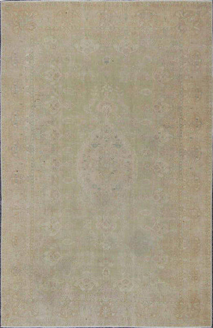 Soft Toned, Medallion Design Vintage Hand Knotted Turkish Sivas Rug in Green and Pink Ornate floral medallion vintage Turkish Sivas rug in light green, pink, tan and cream, Keivan Woven Arts / rug EN - 141690, country of origin / type: Turkey / Si... - Keivan Woven ArtsEN - 141690 - 6727Rug
