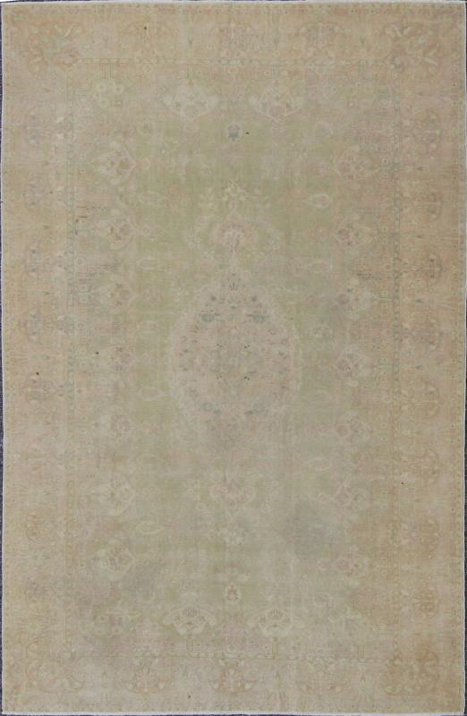 Soft Toned, Medallion Design Vintage Hand Knotted Turkish Sivas Rug in Green and Pink Ornate floral medallion vintage Turkish Sivas rug in light green, pink, tan and cream, Keivan Woven Arts / rug EN - 141690, country of origin / type: Turkey / Si... - Keivan Woven ArtsEN - 141690 - 6727Rug