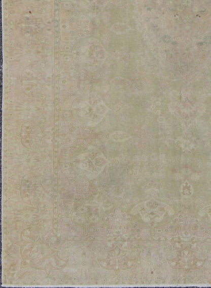 Soft Toned, Medallion Design Vintage Hand Knotted Turkish Sivas Rug in Green and Pink Ornate floral medallion vintage Turkish Sivas rug in light green, pink, tan and cream, Keivan Woven Arts / rug EN - 141690, country of origin / type: Turkey / Si... - Keivan Woven ArtsEN - 141690 - 6727Rug