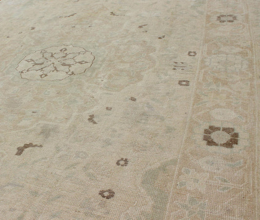 Muted Turkish Oushak Rug With Medallion in Shades of Taupe, Light Brown & Green. Muted Turkish Oushak rug with medallion design and floral pattern. rug en - 141693, country of origin / type: Turkey / Oushak, circa mid - 20th century This Tur... - Keivan Woven ArtsEN - 141693 - 6731Rug
