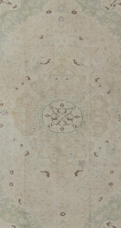 Muted Turkish Oushak Rug With Medallion in Shades of Taupe, Light Brown & Green. Muted Turkish Oushak rug with medallion design and floral pattern. rug en - 141693, country of origin / type: Turkey / Oushak, circa mid - 20th century This Tur... - Keivan Woven ArtsEN - 141693 - 6731Rug
