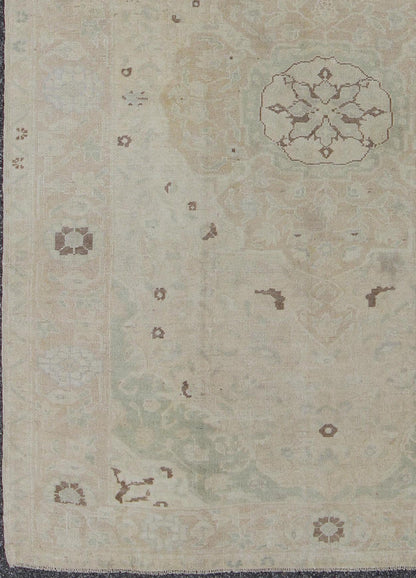 Muted Turkish Oushak Rug With Medallion in Shades of Taupe, Light Brown & Green. Muted Turkish Oushak rug with medallion design and floral pattern. rug en - 141693, country of origin / type: Turkey / Oushak, circa mid - 20th century This Tur... - Keivan Woven ArtsEN - 141693 - 6731Rug